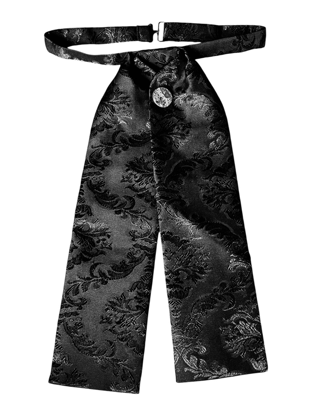 Black Brocade Ascot with Steampunk Watch Mechanism Tie Tack